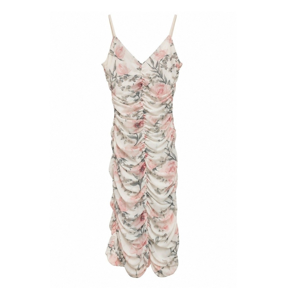 Windsor Womens Medium White Pink Floral Ruched Mesh Bodycon Midi Dress KPD0859